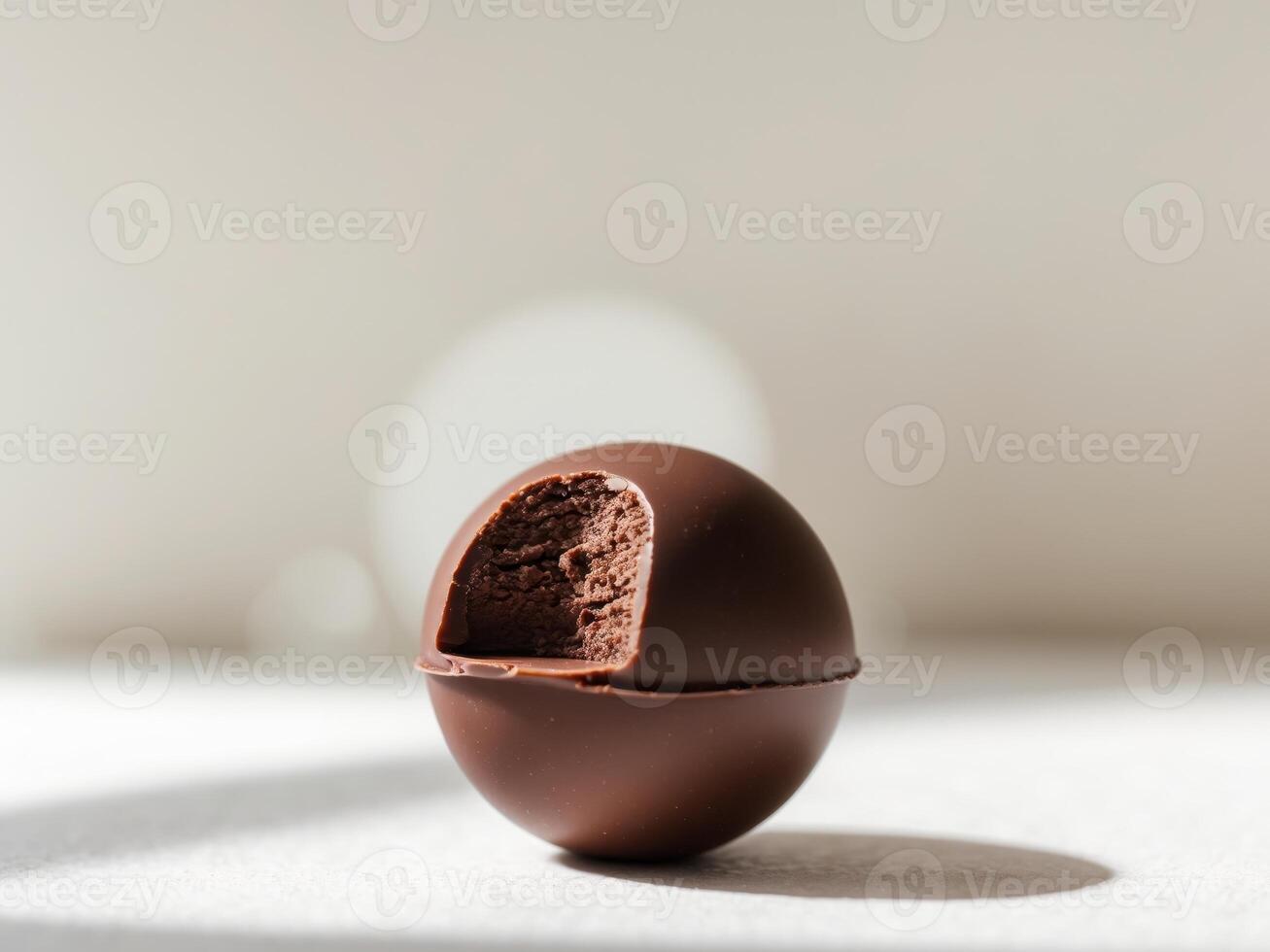 Delicious Chocolate Truffle Ball, A Bite Taken Showing The Creamy Filling Inside. photo
