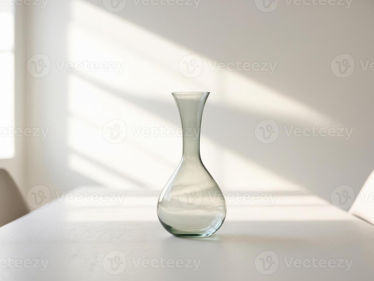 Elegant Glass Vase on White Table. Minimalist Interior with Natural Light and Shadow photo