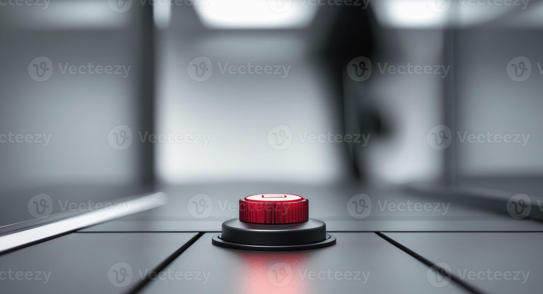 A Critical Decision. Red Button in Focus, Abstract Figure in the Background. photo