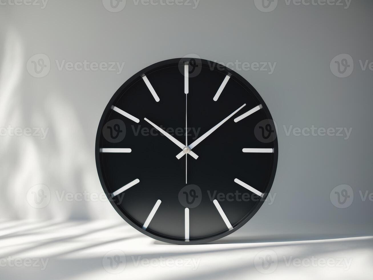 Minimalist Black Wall Clock with White Hands and Markers on a Gray Background. photo