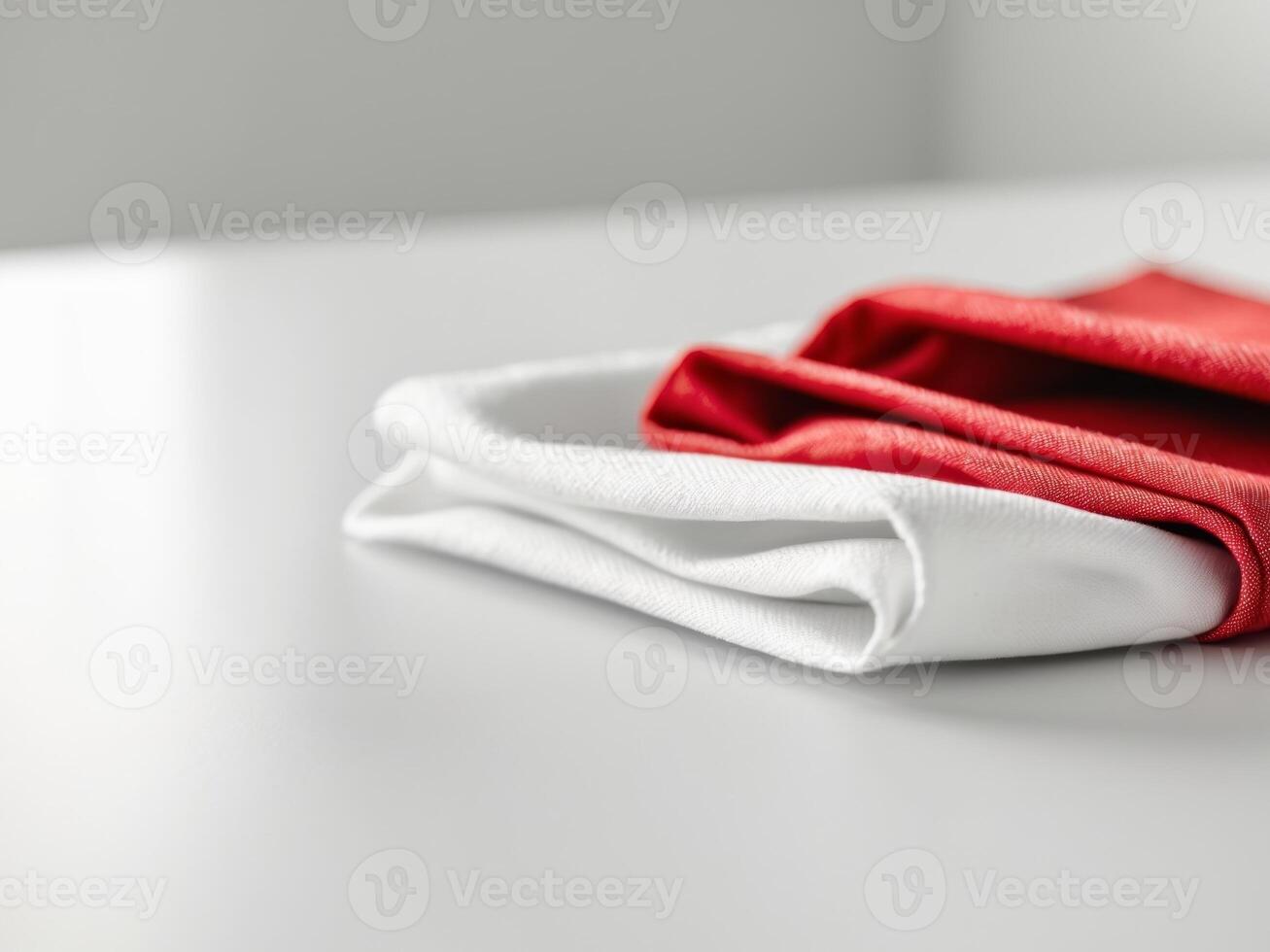 Folded White and Red Napkins on a White Table, Clean and Minimalist Still Life photo