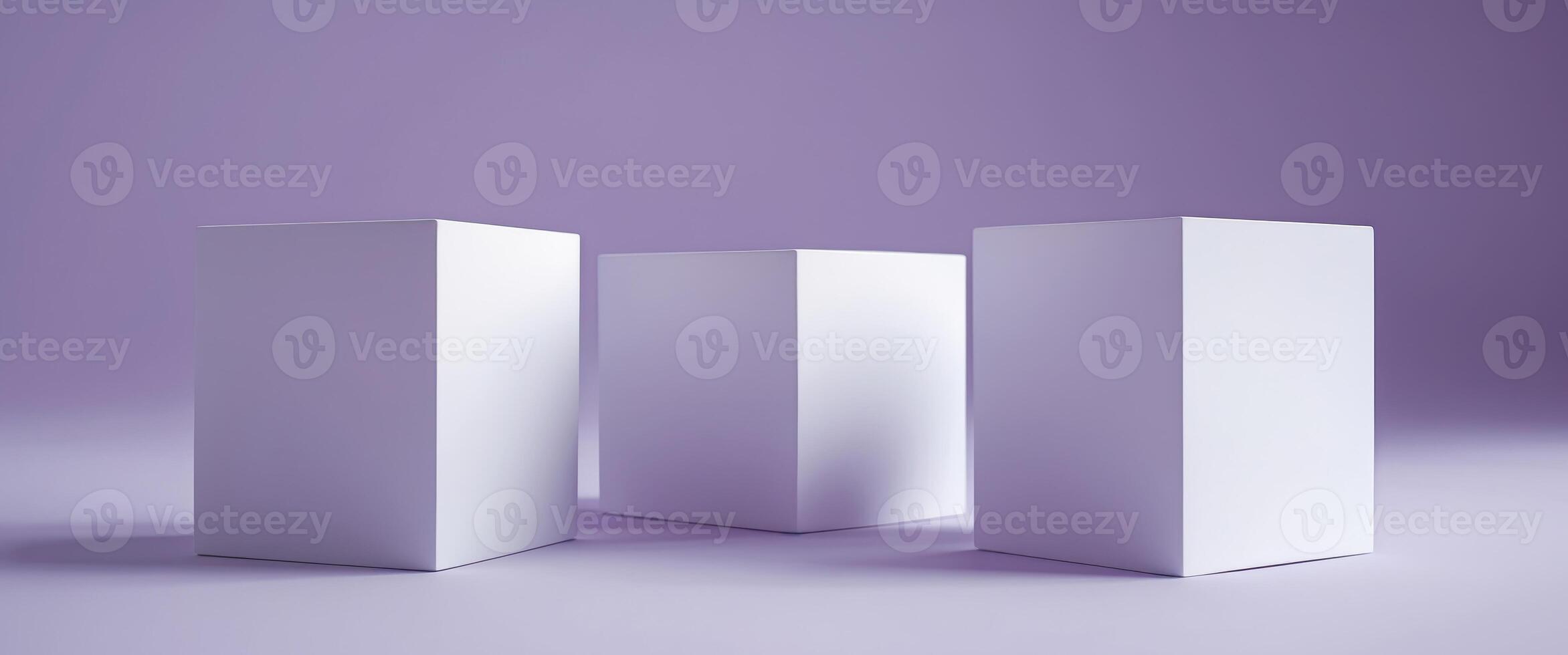 Abstract Presentation. Three White Cubes on a Soft Purple Gradient Background. photo