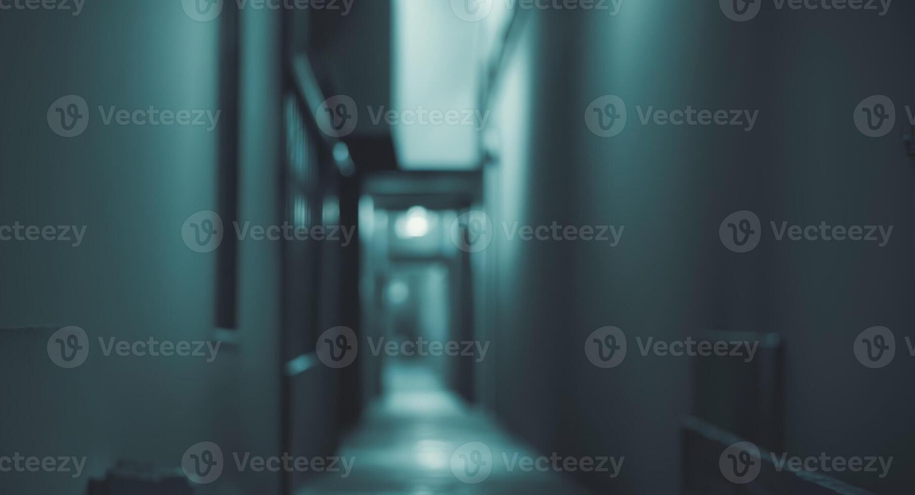Eerie Hallway. Blurred Vision of a Long, Shadowy Corridor with Dim Lighting. photo