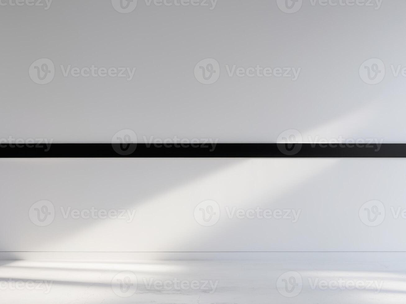 Minimalist Interior with Sunlight. White Walls, Concrete Floor and Black Horizontal Bar. photo