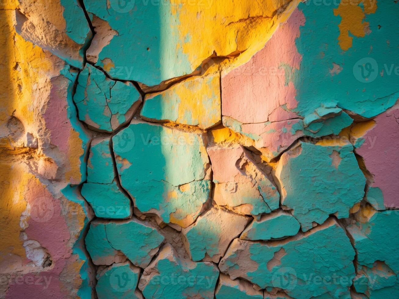 Colorful Cracked Wall. An Abstract Texture of Painted Surfaces and Deep Fissures. photo