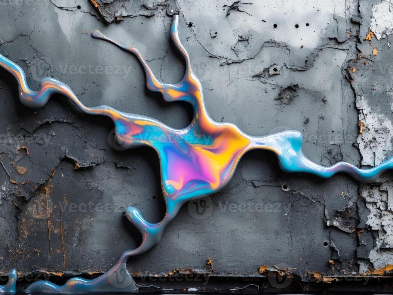 Chromatic Liquid Flowing Over Distressed Surface, Vivid Abstract Art Piece. photo