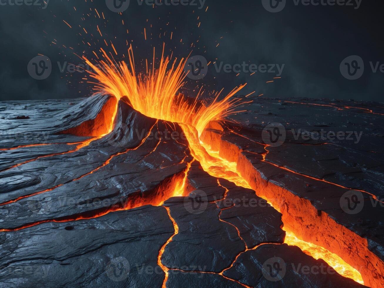Dramatic Eruption. A Volcano Spewing Lava and Fire Against a Dark, Moody Sky. photo