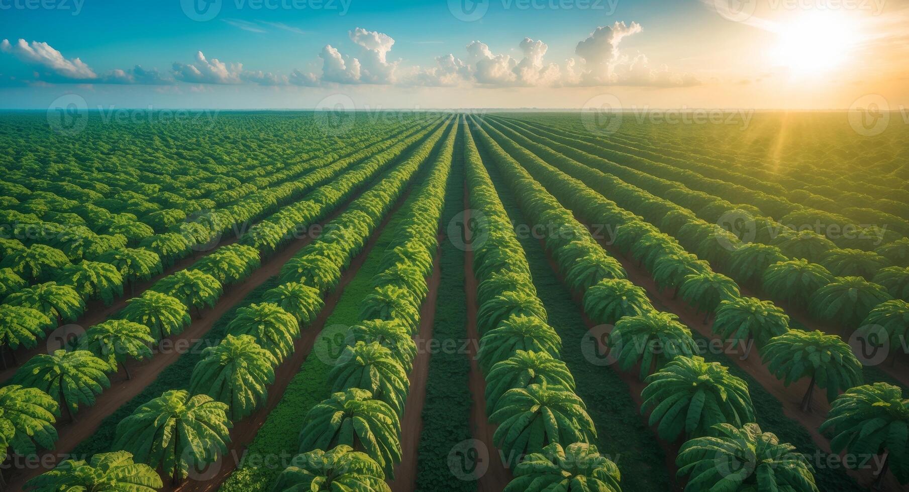 Endless Rows of Green Crops Under a Bright Sky, Agriculture Field at Sunset. photo