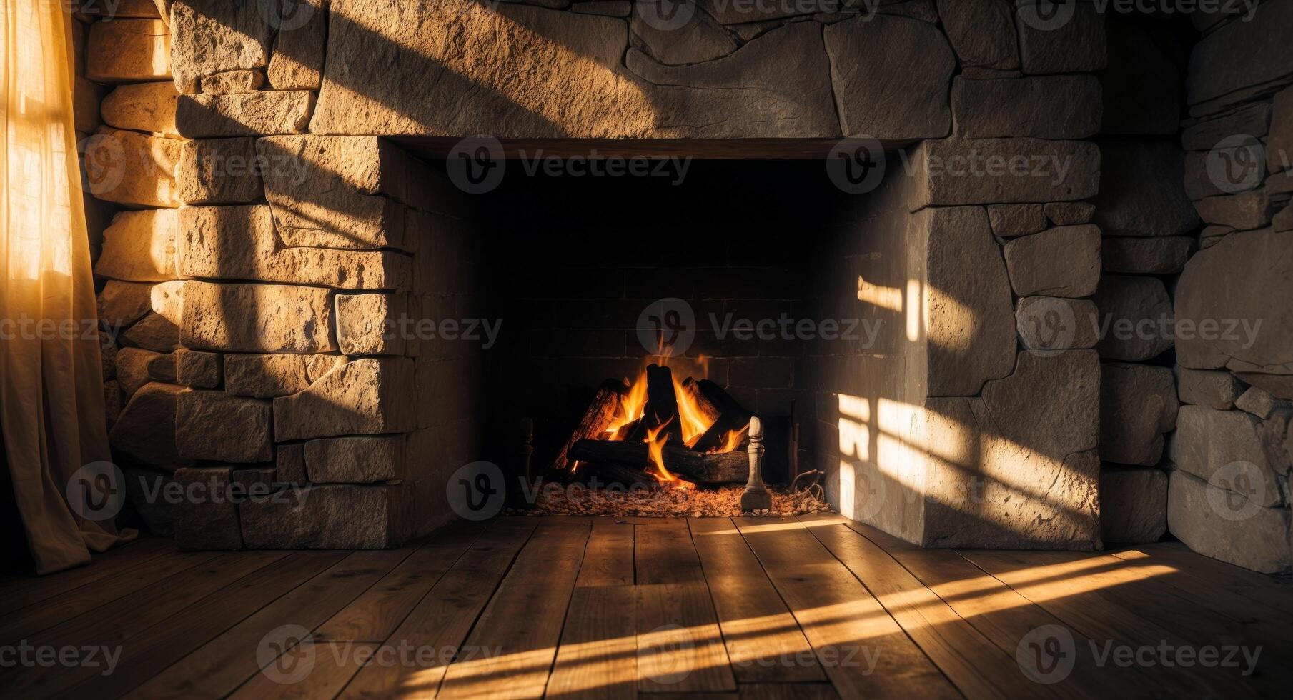 Cozy Stone Fireplace with Burning Logs and Golden Light Streaming Through Window. photo