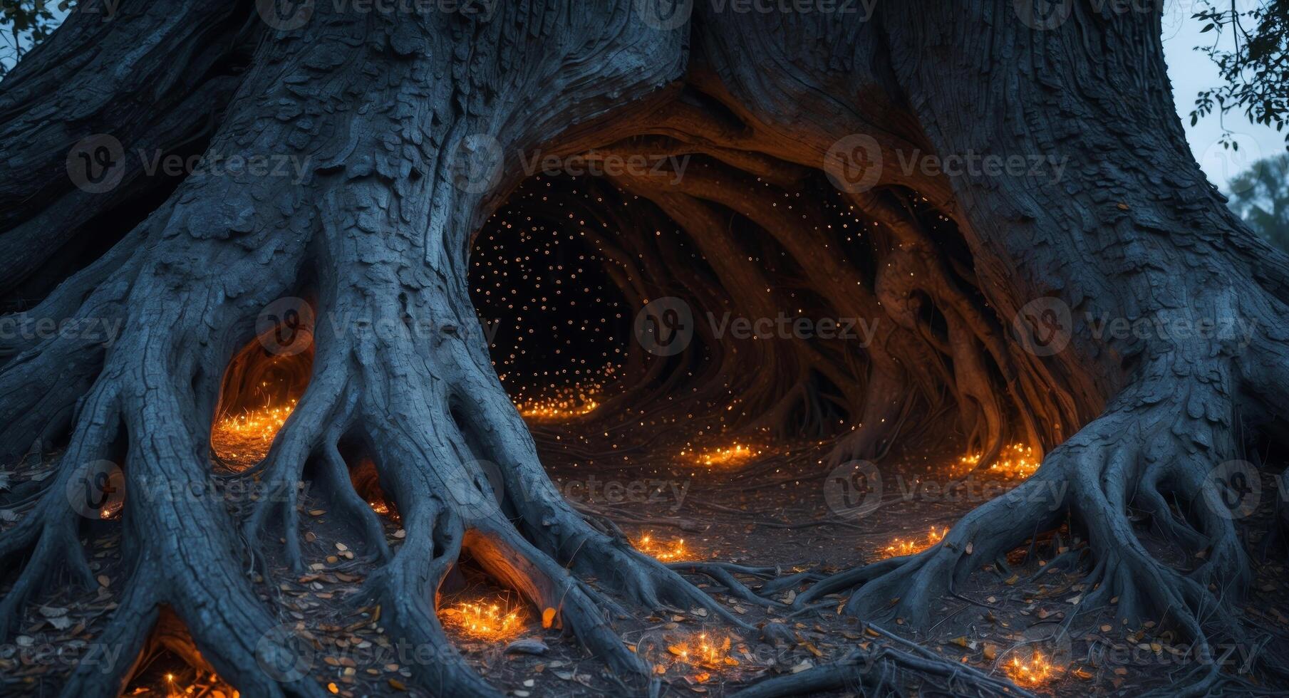 Enchanted Hollow. A Mystical Tree with Glowing Lights and Hidden Secrets. photo