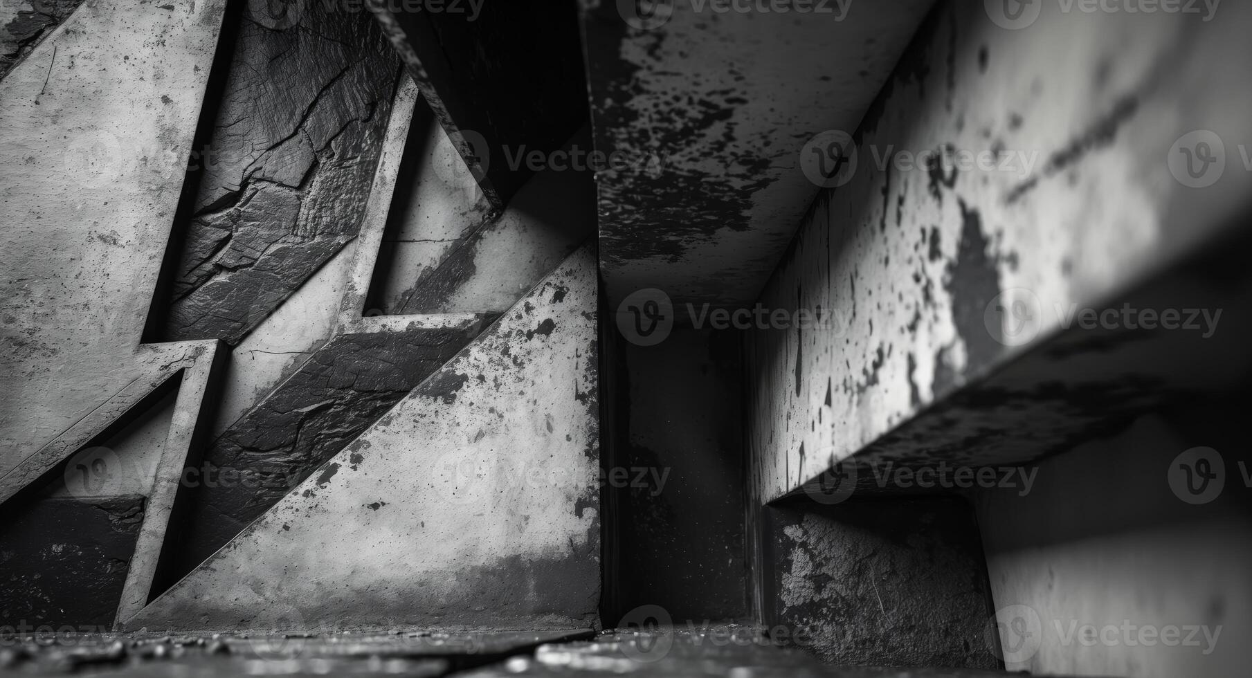 Abstract Monochrome. Fractured Concrete Stairwell with Angular Shadows and Texture. photo
