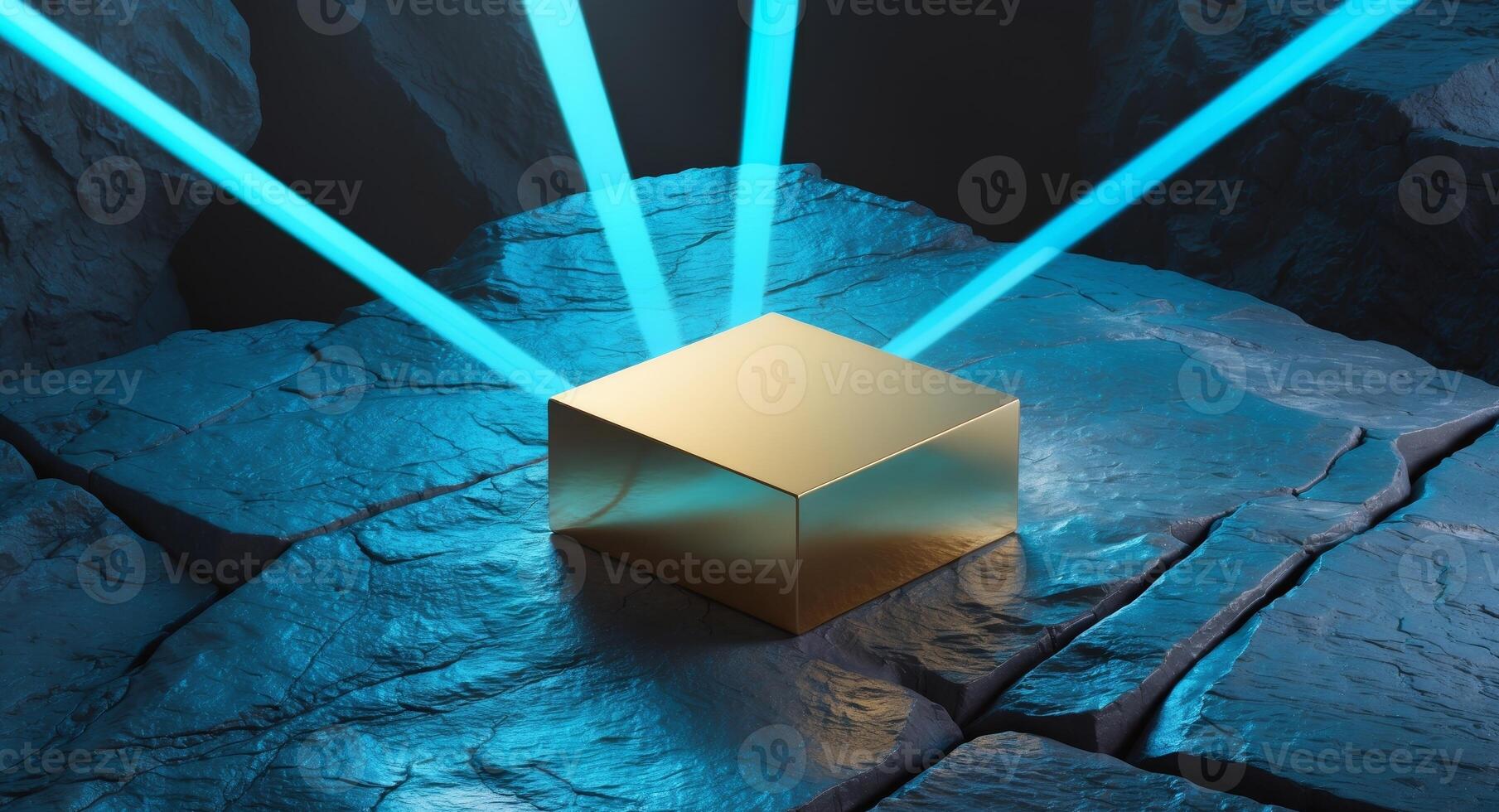 Golden Cube Illuminated by Blue Beams on Rough Rock Surface, Abstract Concept. photo