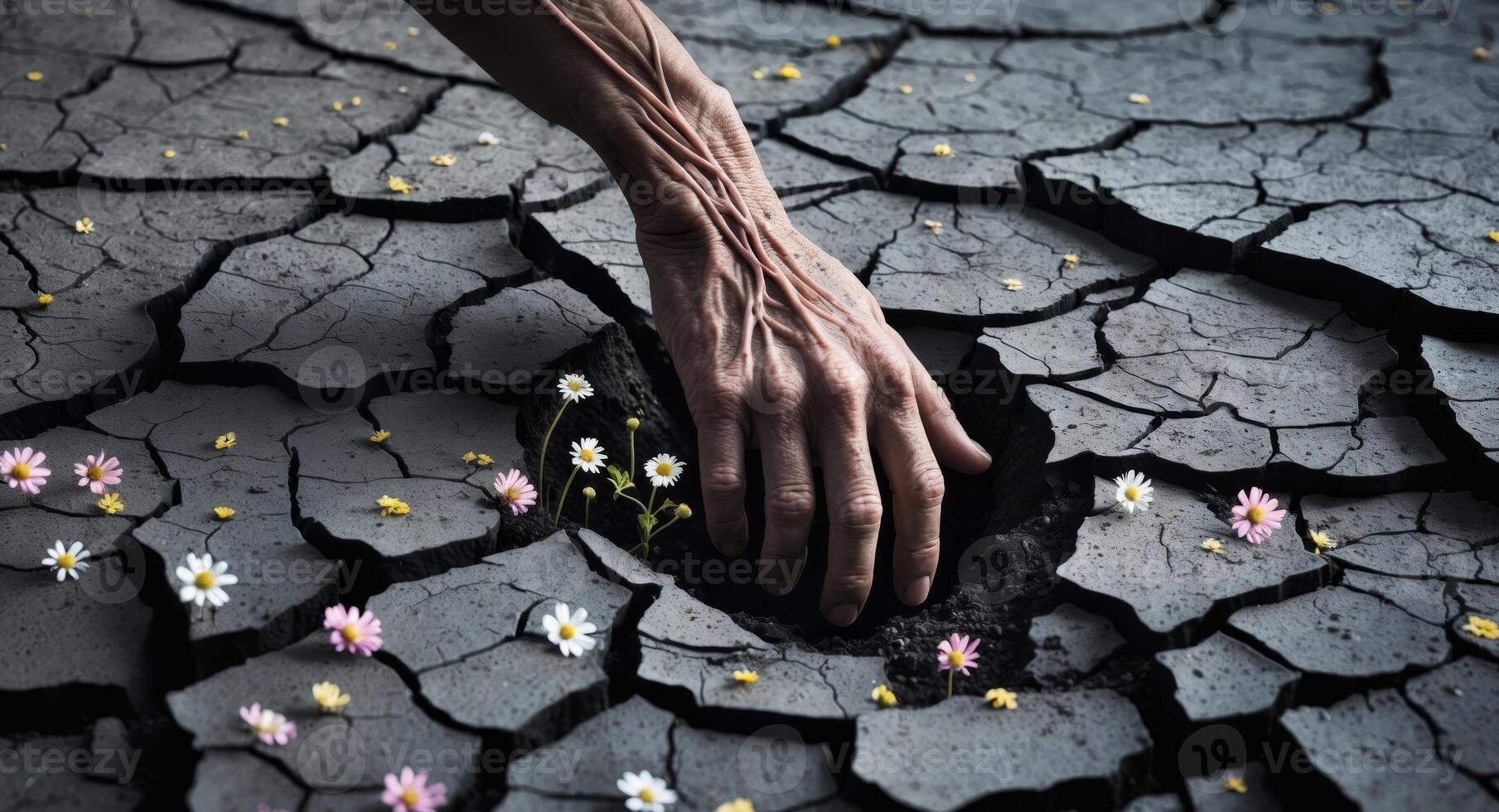 A hand reaching into a crack in the ground with flowers photo