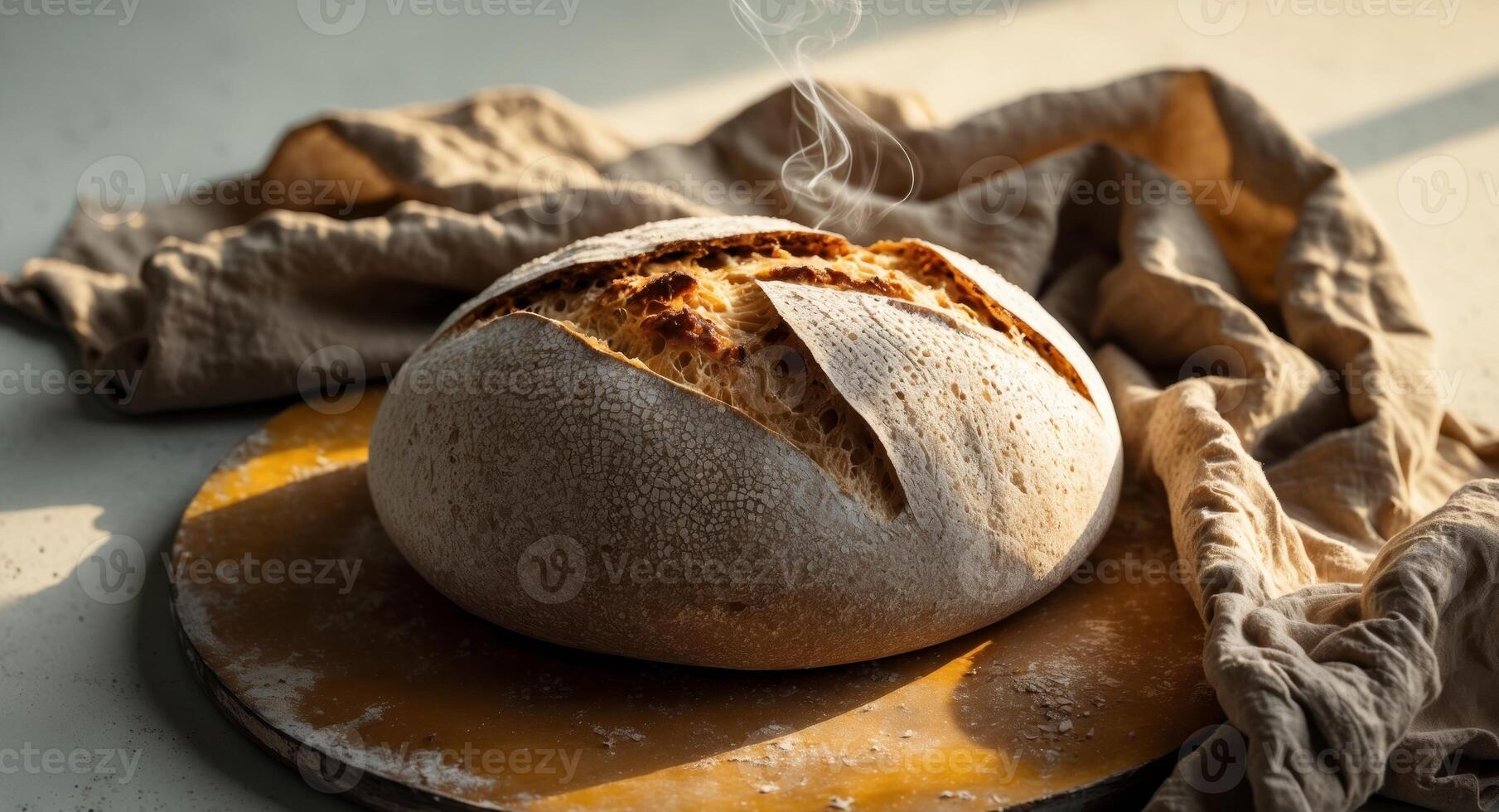 A loaf of bread on a wooden plate photo