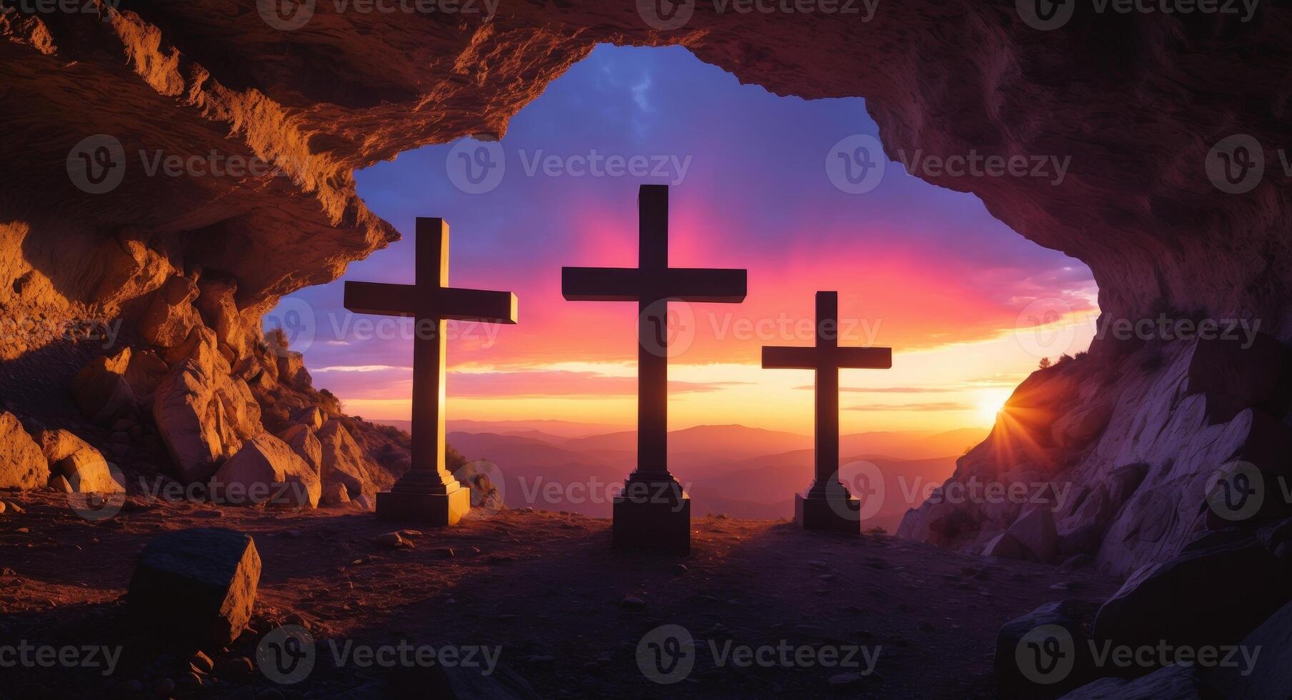 Three crosses in front of a cave at sunset photo