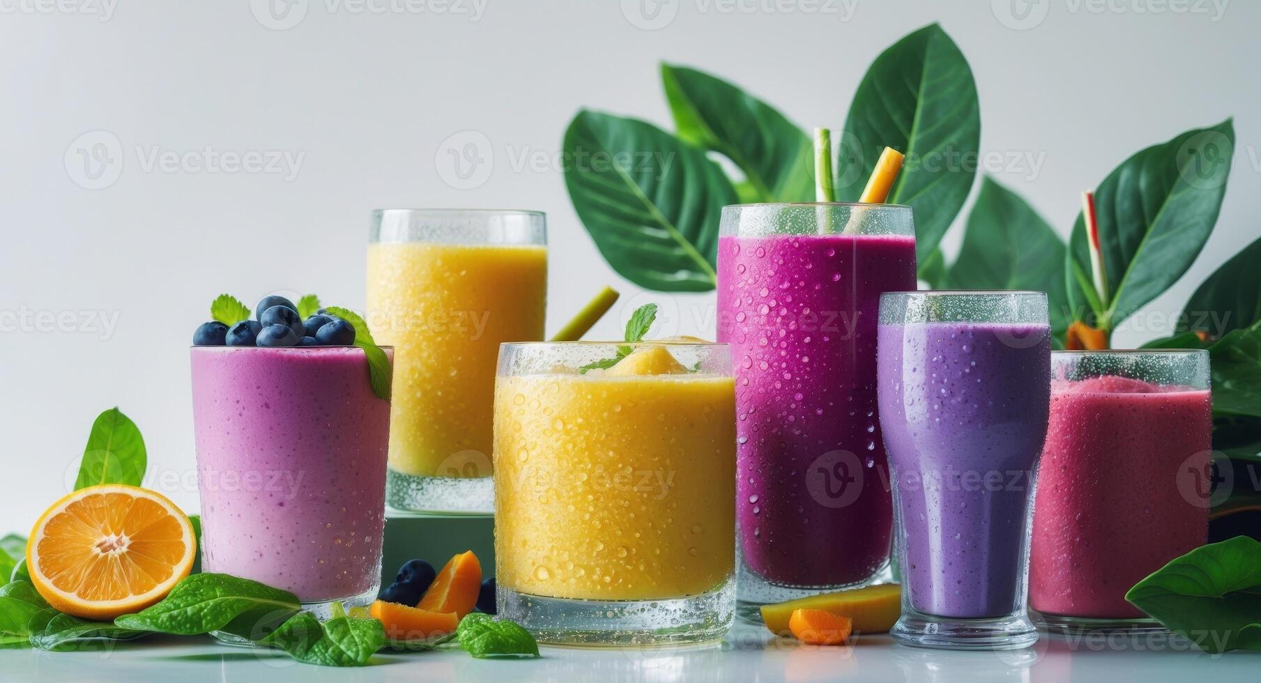 Various colorful smoothies in glasses on a white background photo