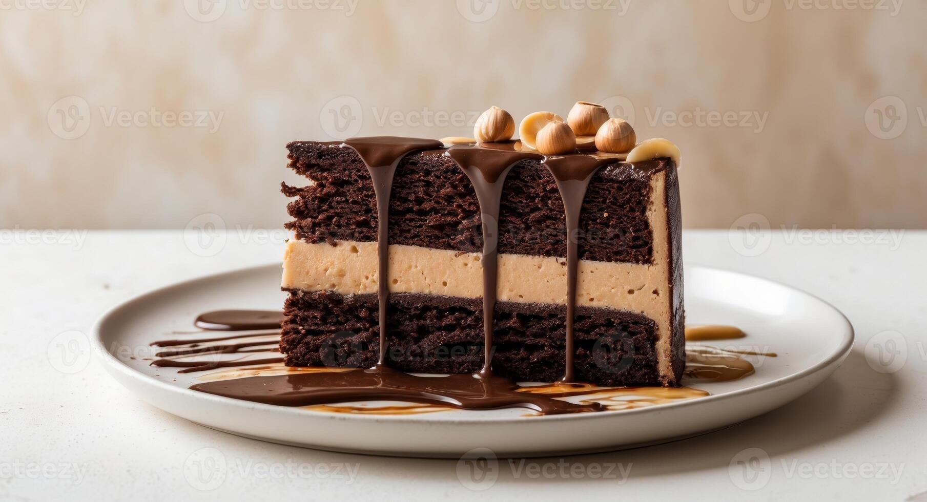 Delicious Chocolate Cake Slice with Hazelnut Topping and Chocolate Sauce Drizzle. photo