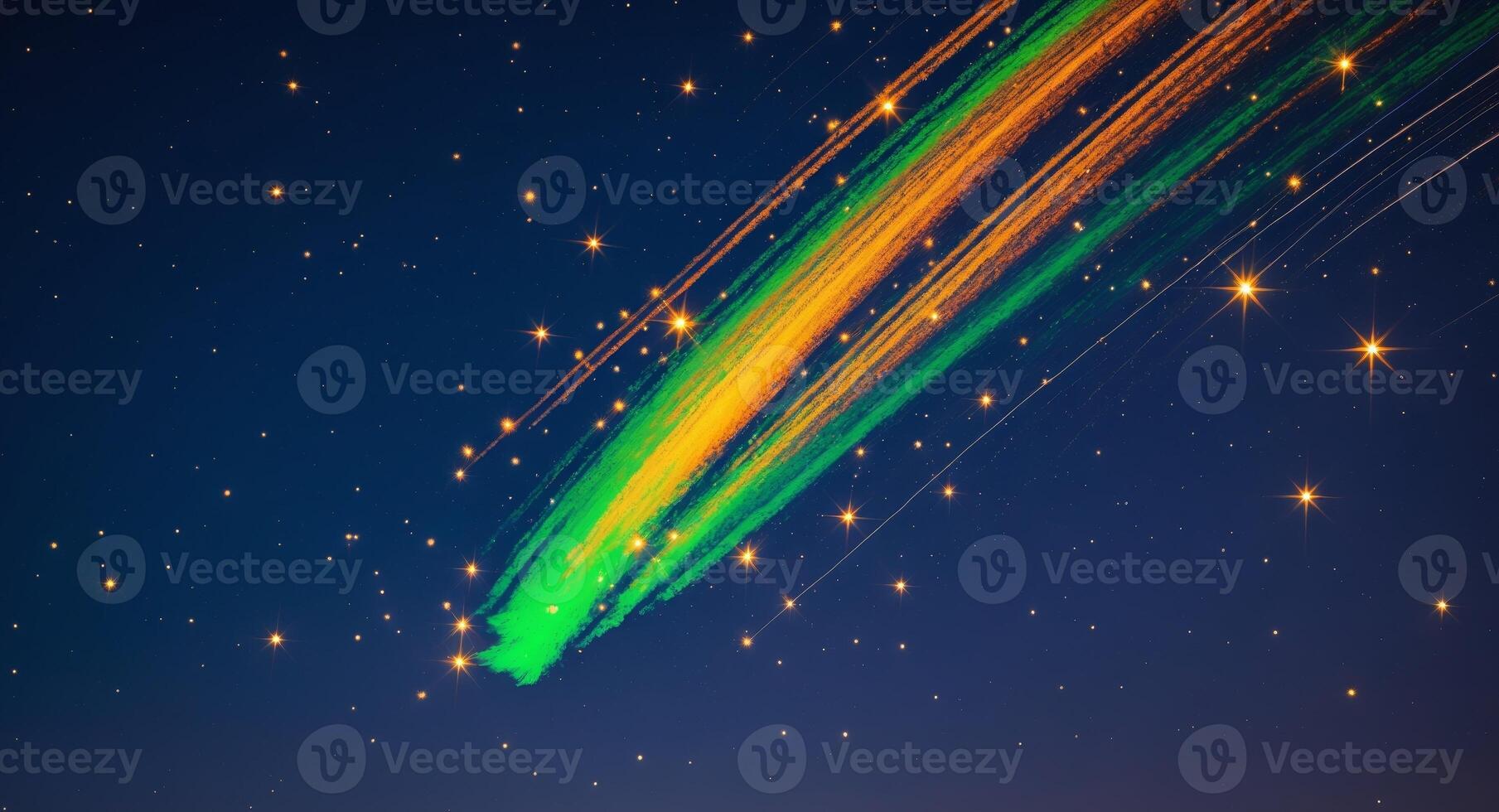 Emerald and Gold Streak. A Vibrant Cosmic Display in a Starry Night Sky photo