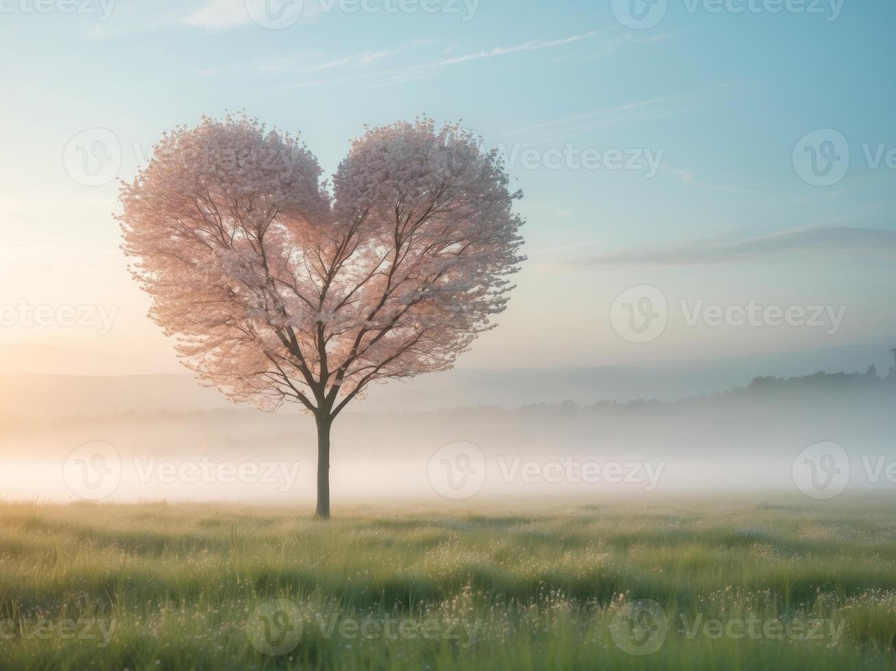 HeartShaped Tree at Sunrise. A Romantic and Serene Landscape Depicting Love. photo