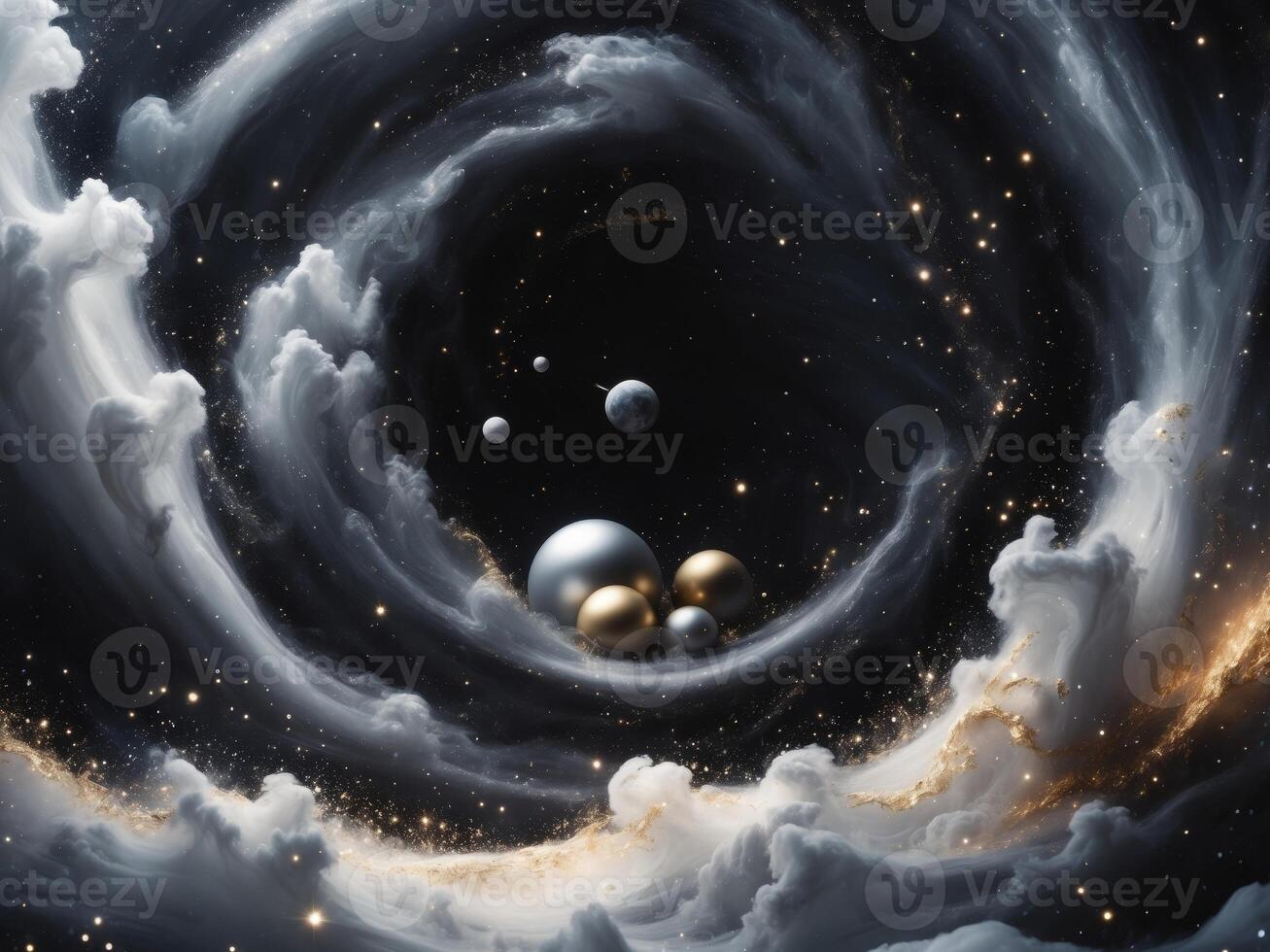 Celestial Orbit. Silver and Gold Spheres in a Nebula of Stardust and Clouds. photo
