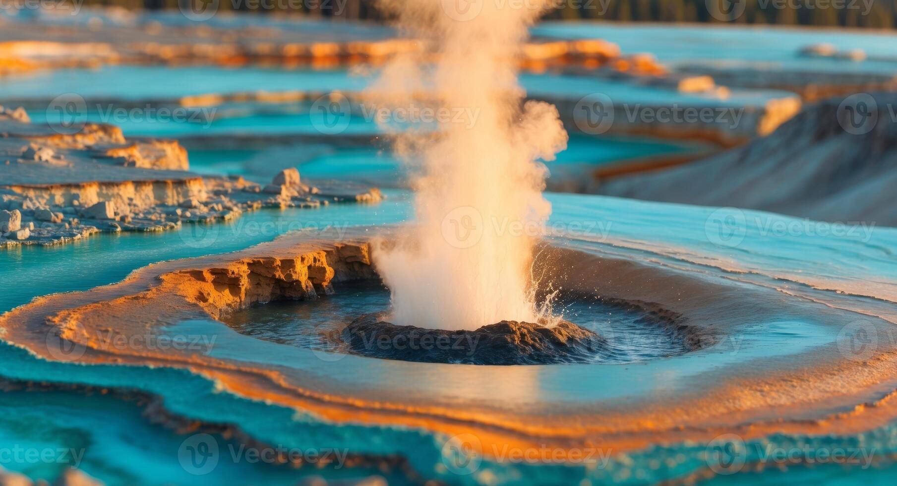 A Captivating View of a Geyser Erupting in a Vivid, Colorful Landscape. photo