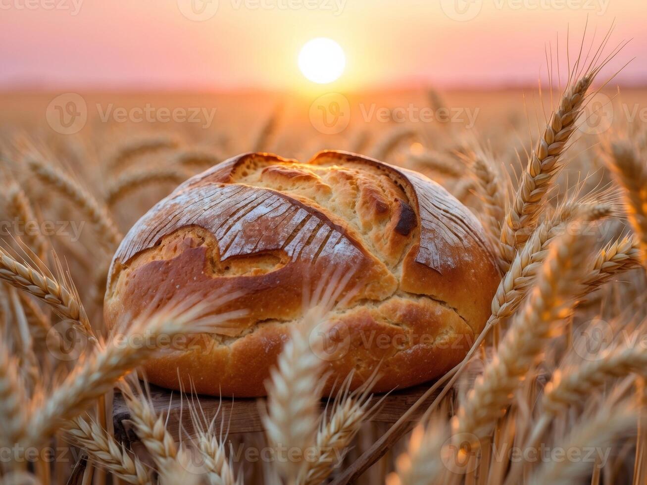 Loaf of Bread on a Wheat Field at Sunset. Golden Grains and a Rustic Delight. photo