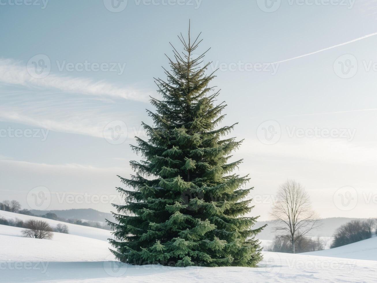 Majestic Spruce in a Winter Landscape A Serene Scene of Snow and Evergreen. photo