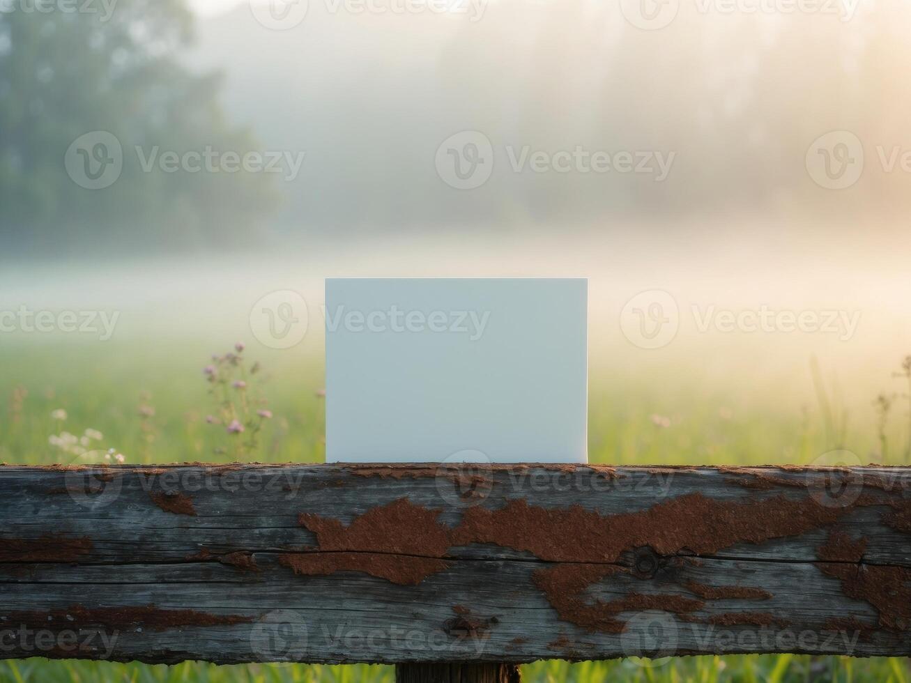 Blank sign on a rustic wooden fence against a misty meadow at sunrise, copy space. photo