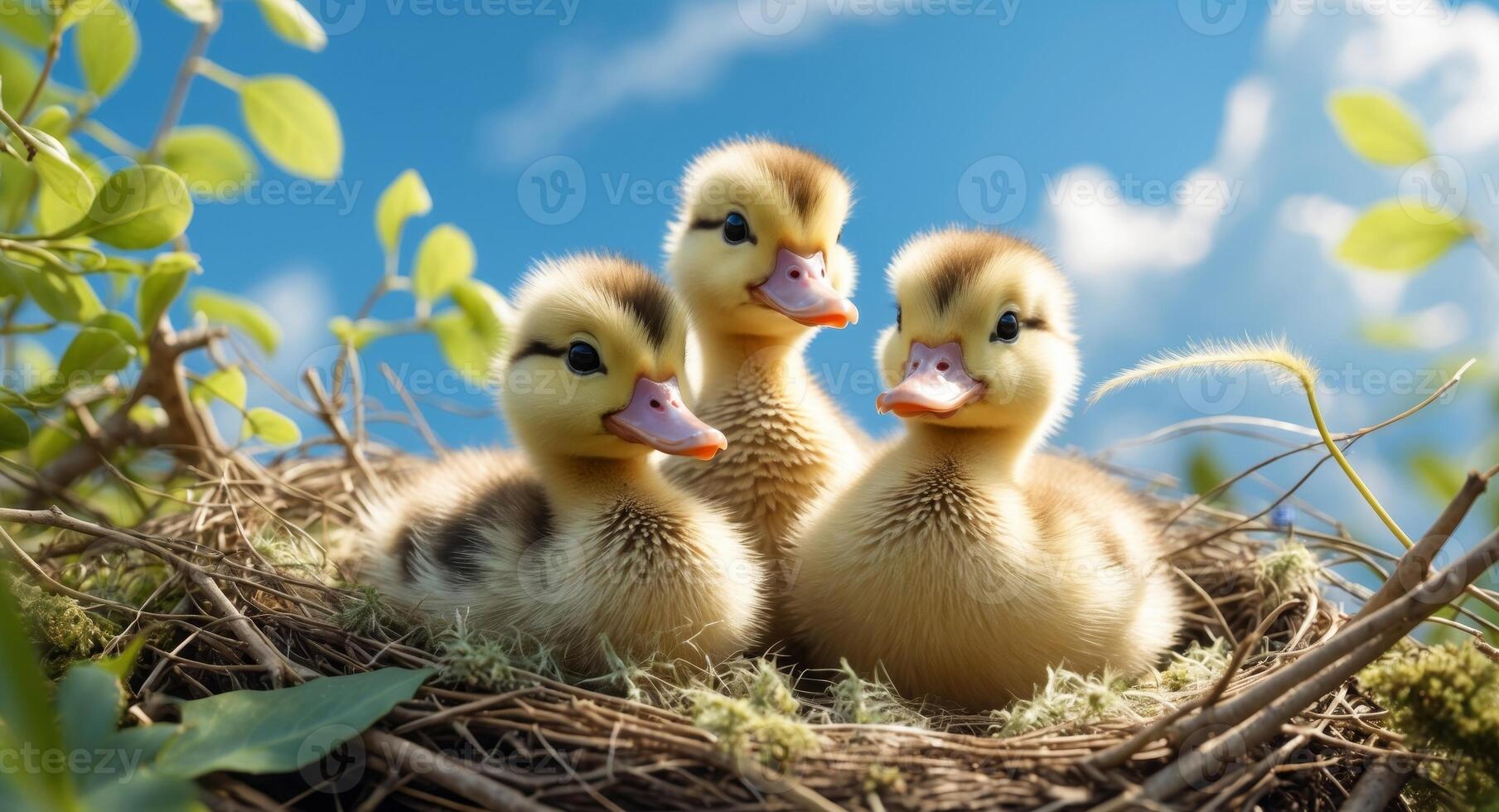 Three Adorable Ducklings in a Nest, Surrounded by Leaves and a Blue Sky. photo
