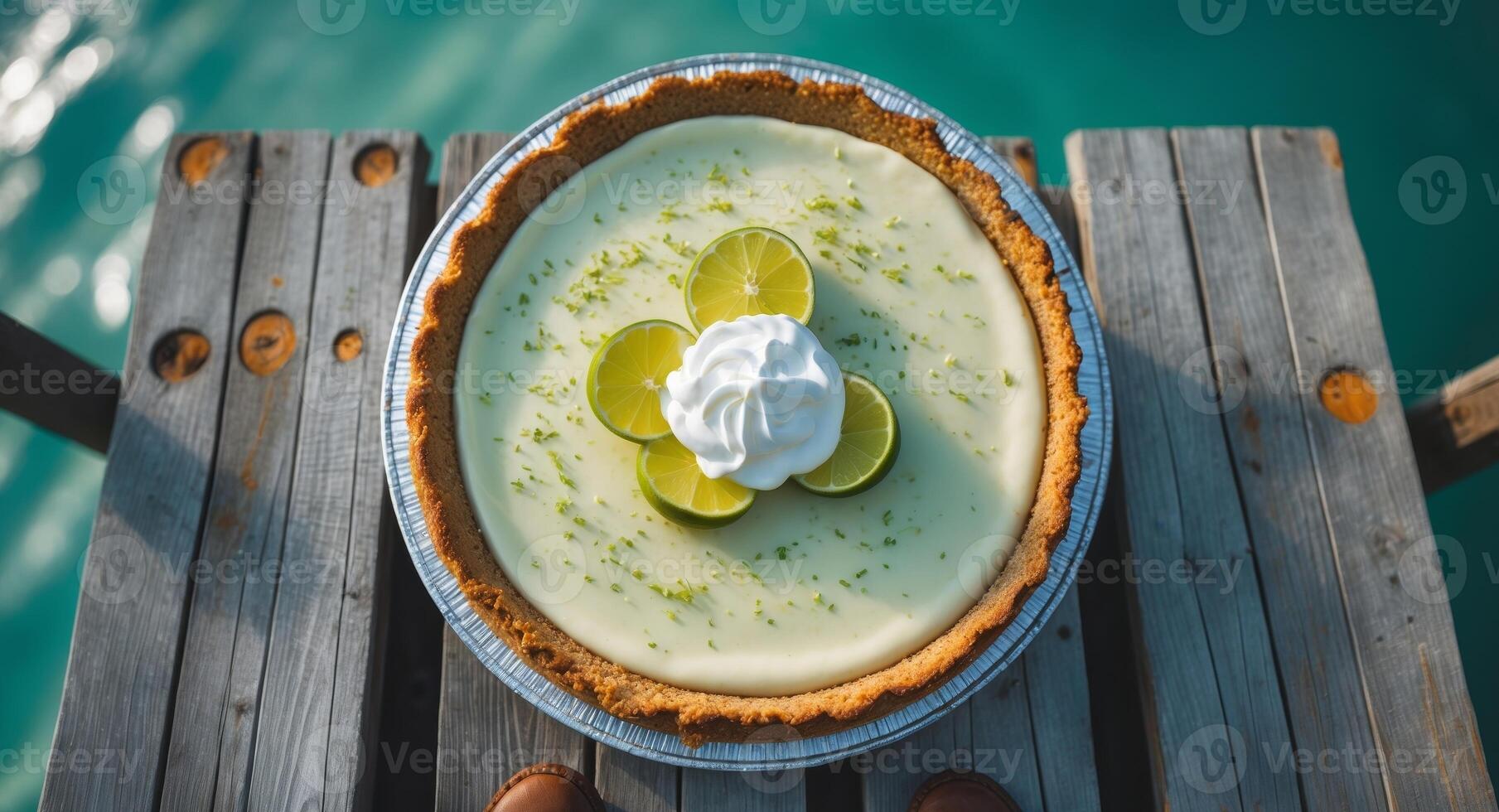 Delicious Key Lime Pie with Whipped Cream and Lime Slices on a Wooden Pier, Over Water photo