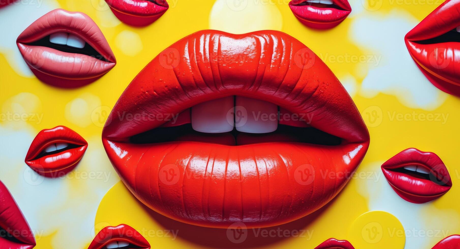 Vivid Lips Art. An array of Luscious Lips Against a Bright Yellow Backdrop photo