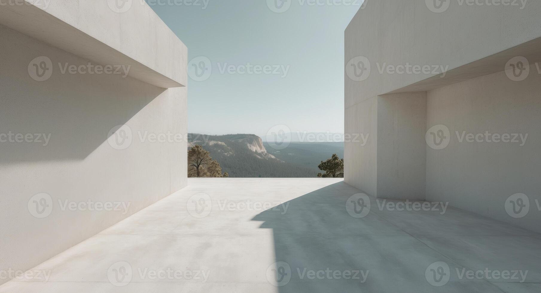 A white room with a view of mountains photo