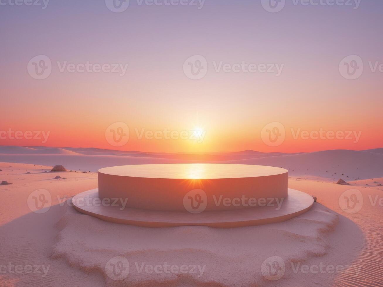 A white circular table in the middle of a desert photo