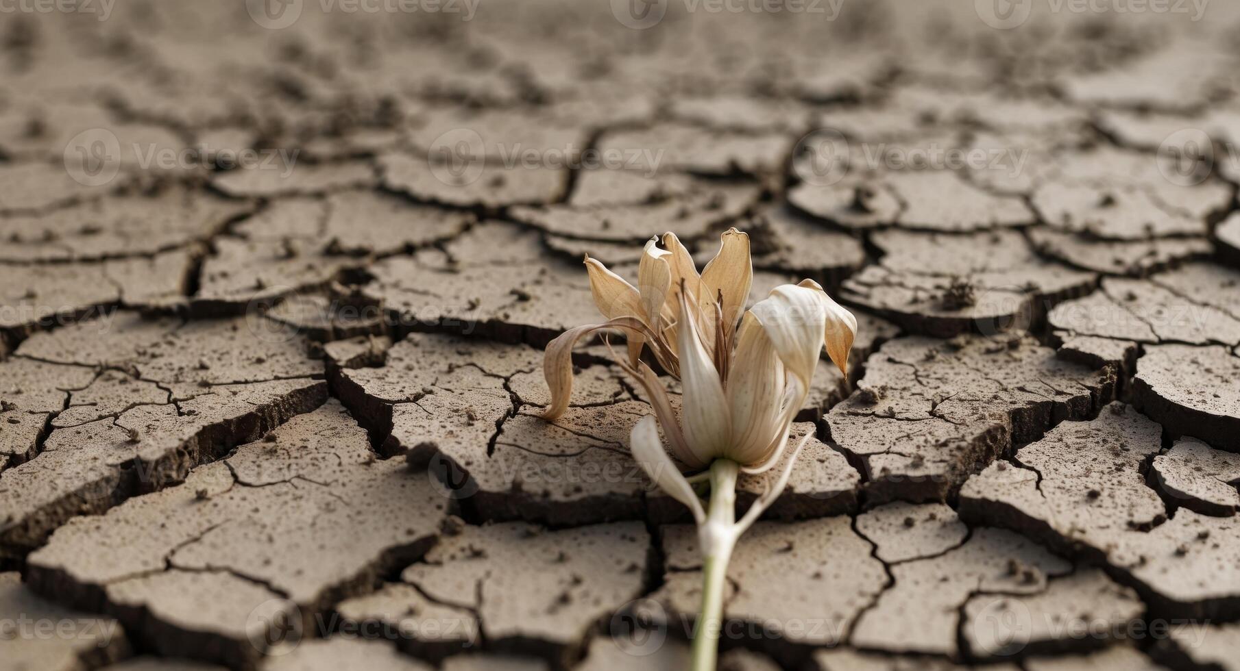 A single flower is sitting on the cracked ground photo