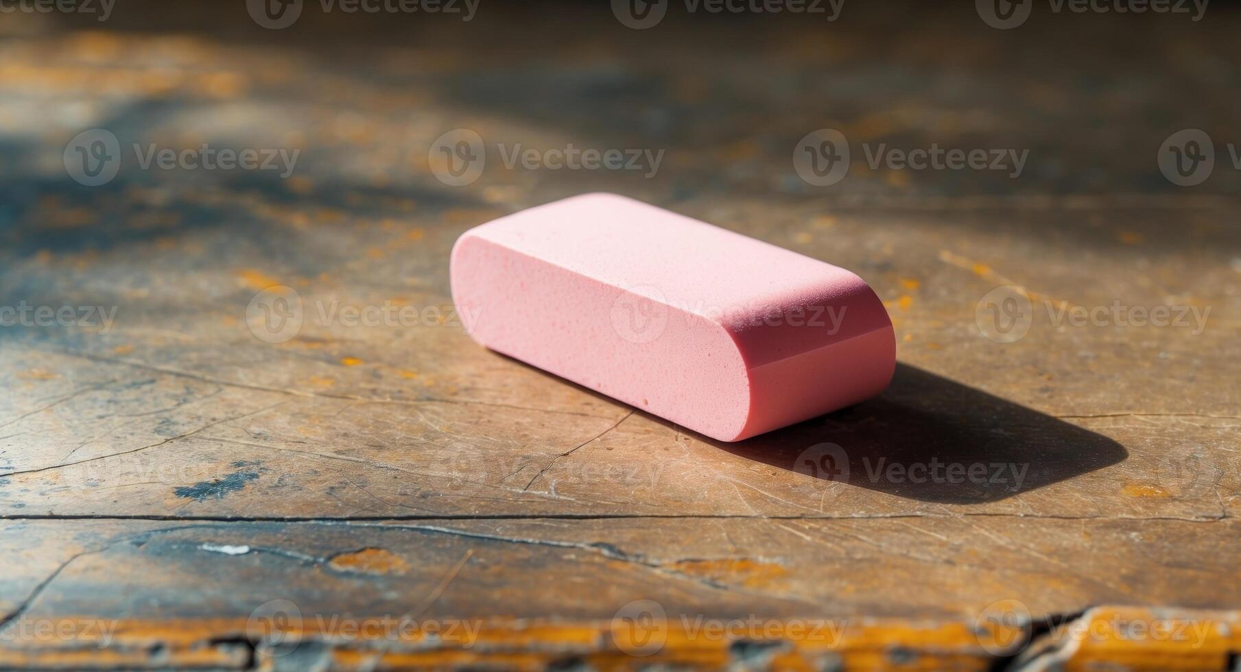 A pink soap bar sitting on a wooden table photo