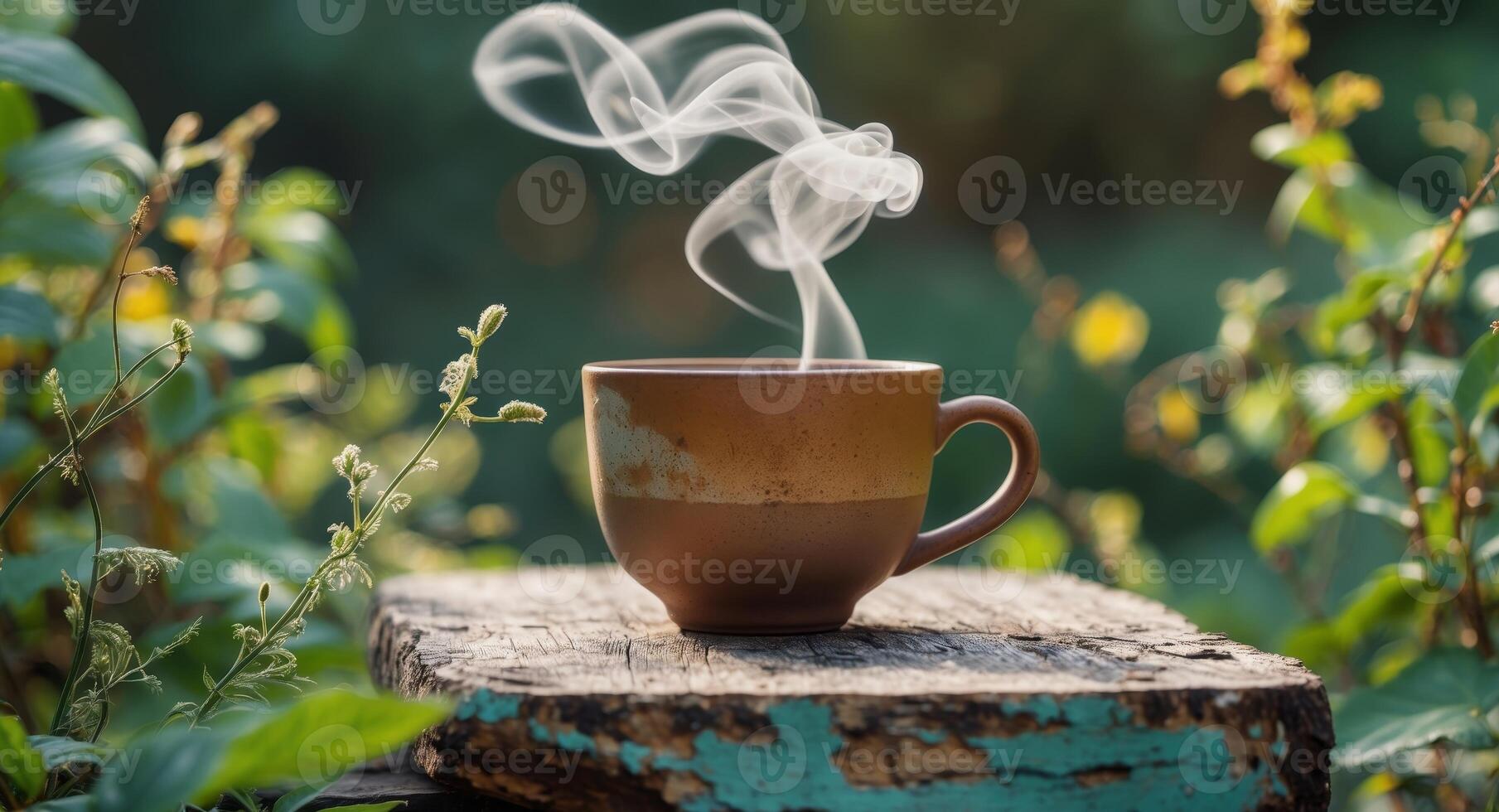 A cup of tea is steaming on a wooden table photo