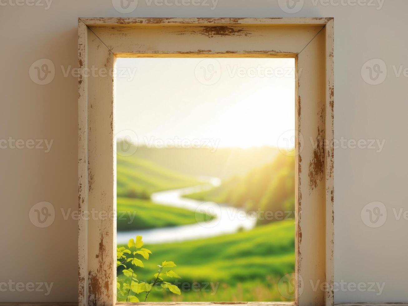 An open window with a view of a green field photo