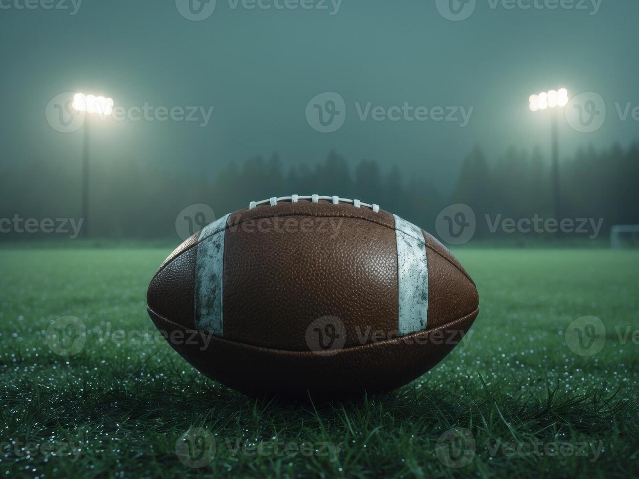 American football ball on grass in foggy night photo