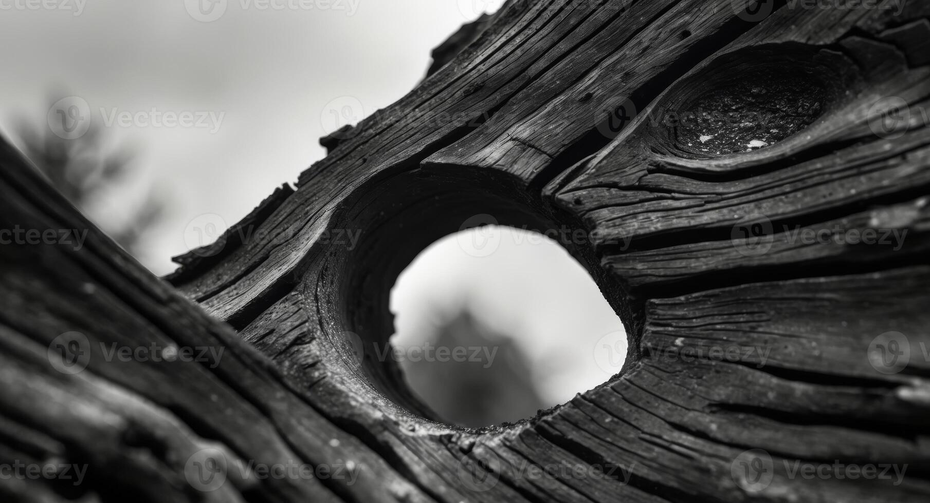 Black and white photograph of a tree trunk with a hole in it photo