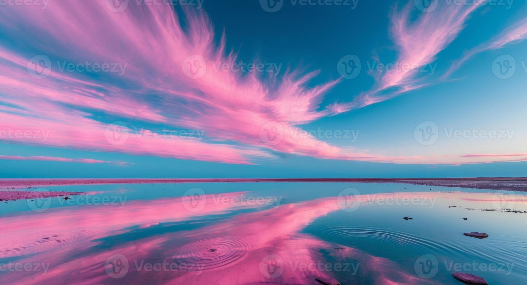 Pink clouds are reflected in the water at sunset photo