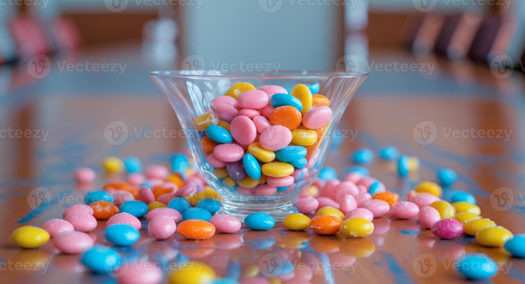 A glass filled with colorful candy on a table photo