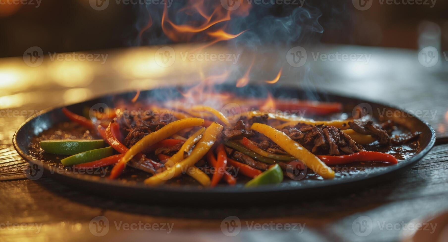 A pan with a grill with meat and peppers photo