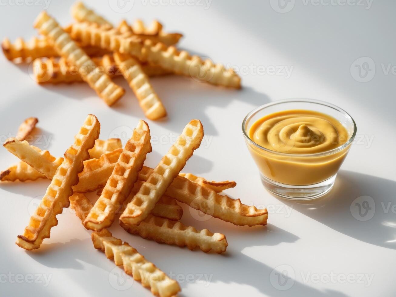 A waffle fries and mustard dip on a white surface photo