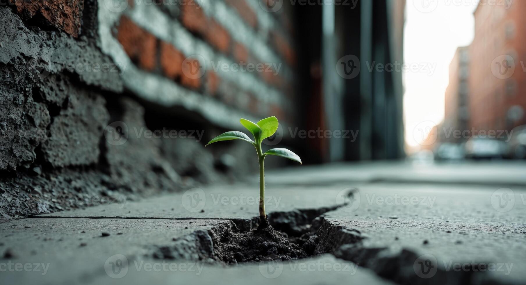 A small plant growing out of a crack in the ground photo