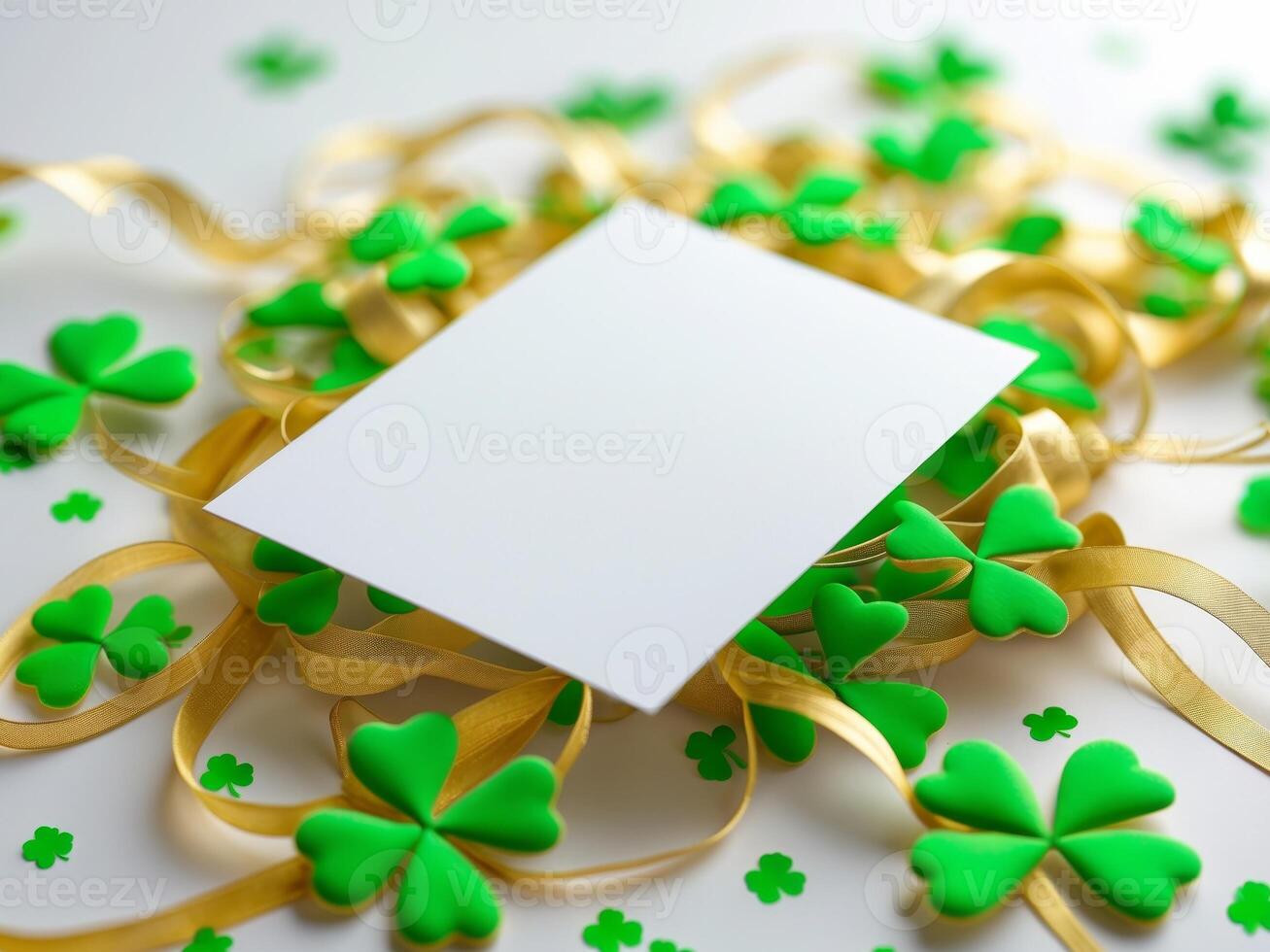 St patricks day card with shamrock leaves and ribbon 3d illustration photo