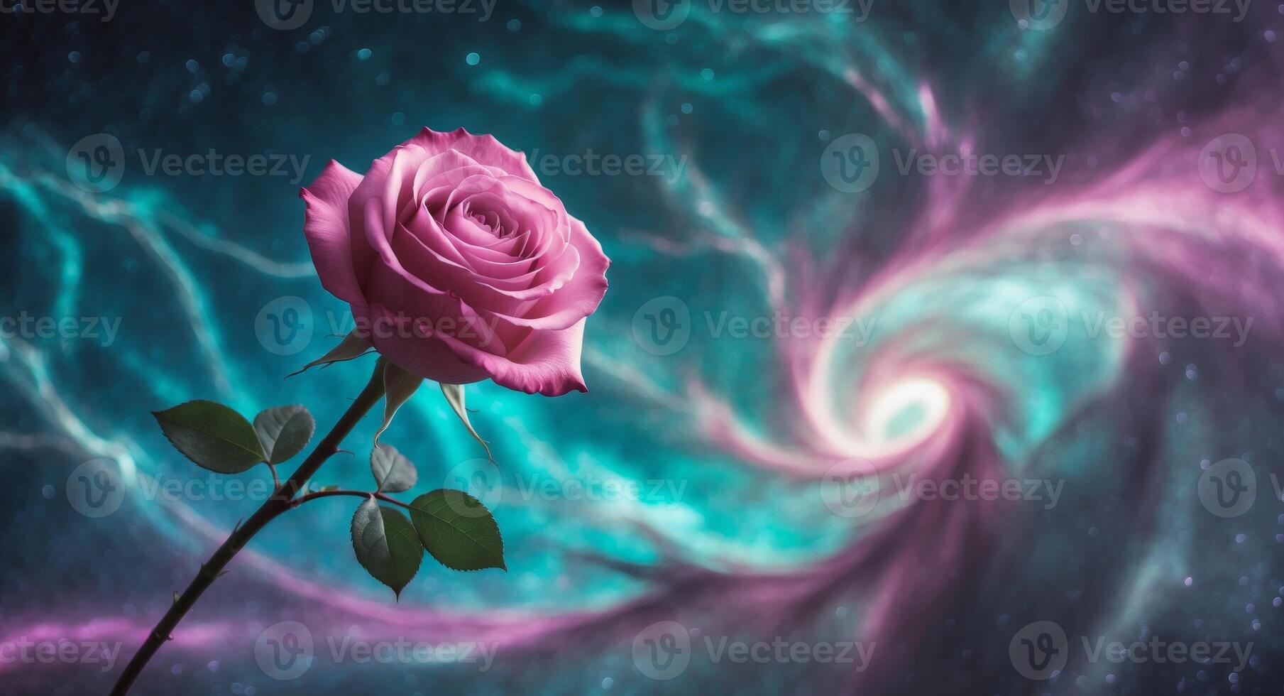 A rose in front of a spiral galaxy photo