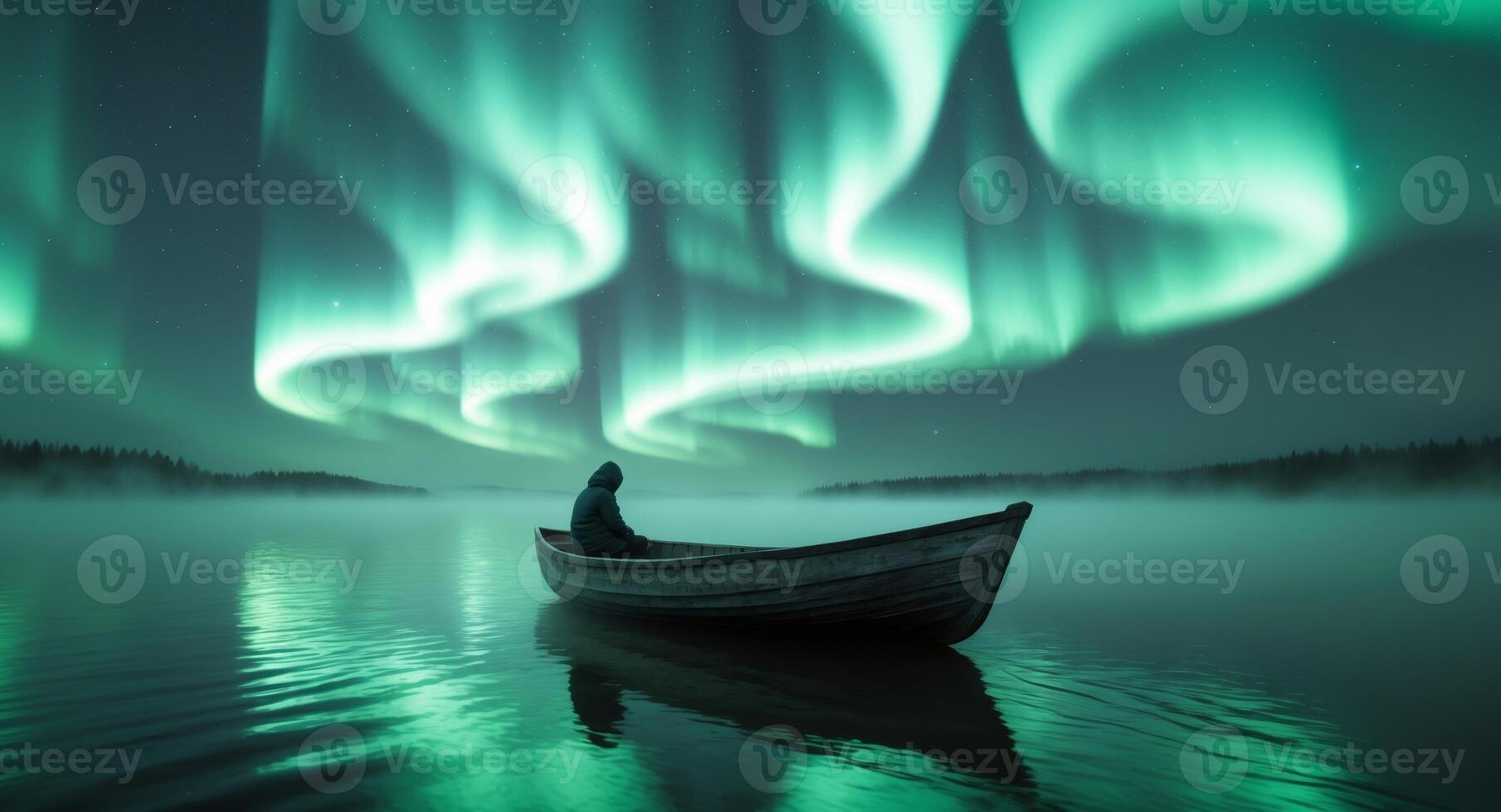 A man in a boat is sitting in front of the aurora lights photo