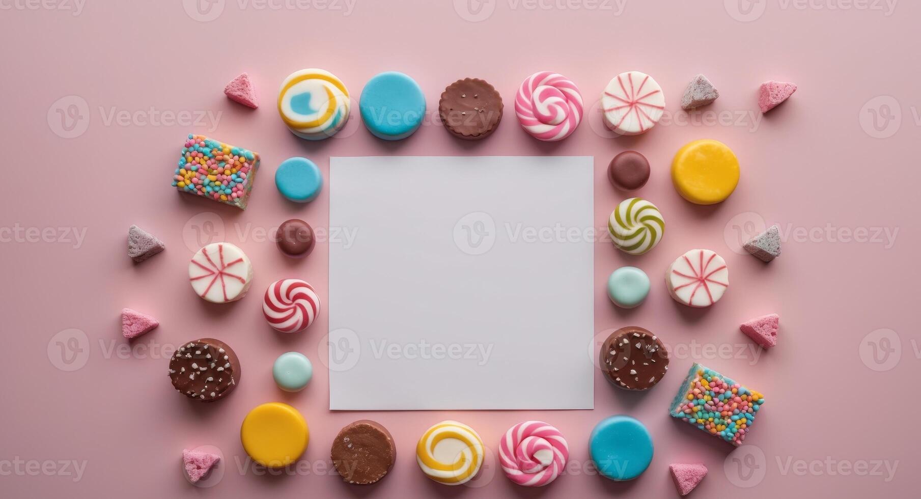 Colorful candy and sweets on a pink background with a white paper photo