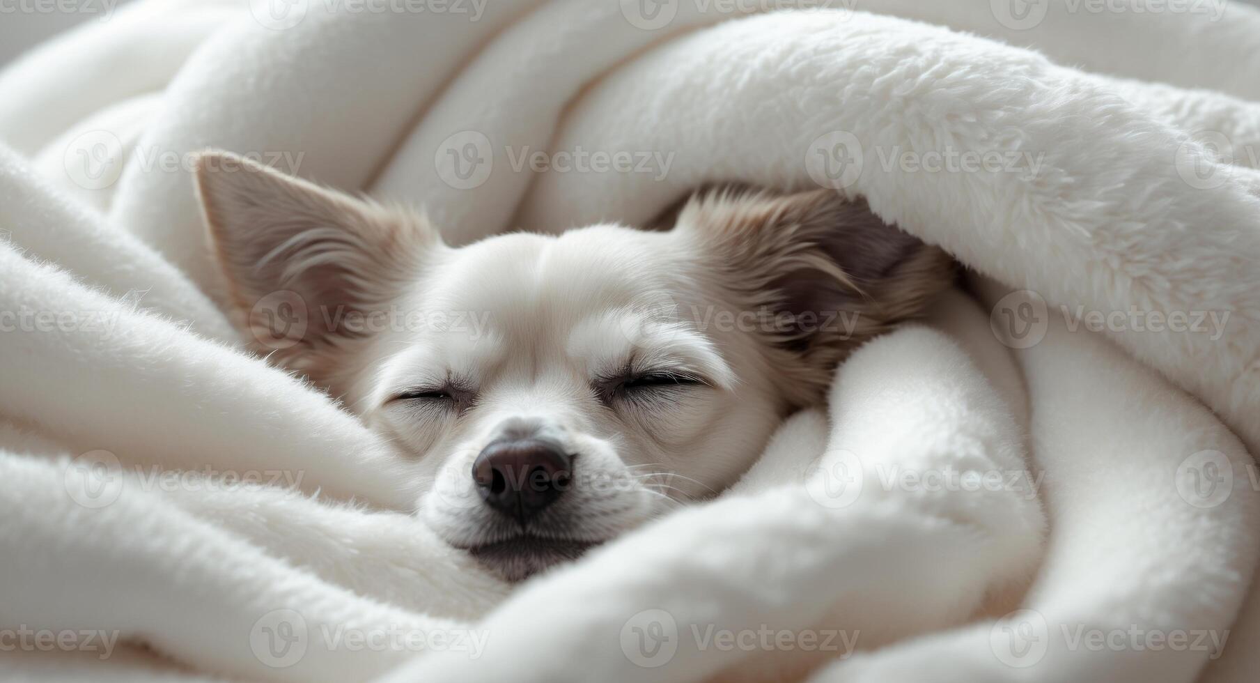 A small white dog is sleeping under a blanket photo