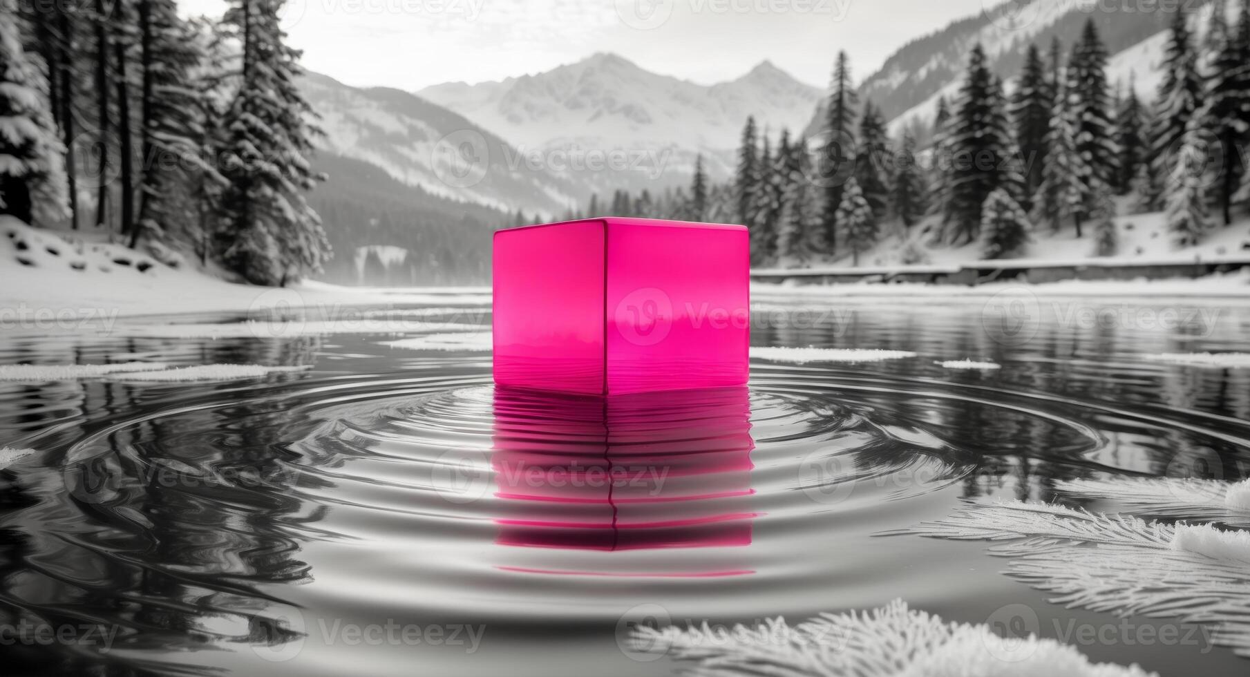 A pink cube floating in a lake with snow on the ground photo